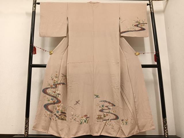 平和屋着物●訪問着 型染め 群れ鶴風景 流水草花 正絹 逸品 AABE0760ph