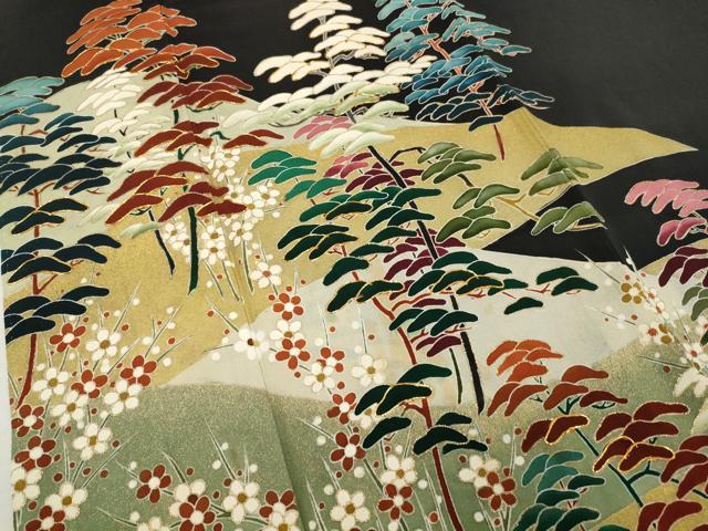 平和屋着物■豪華黒留袖 駒刺繍 枝松花文 金彩 正絹 逸品 AABE0828gw