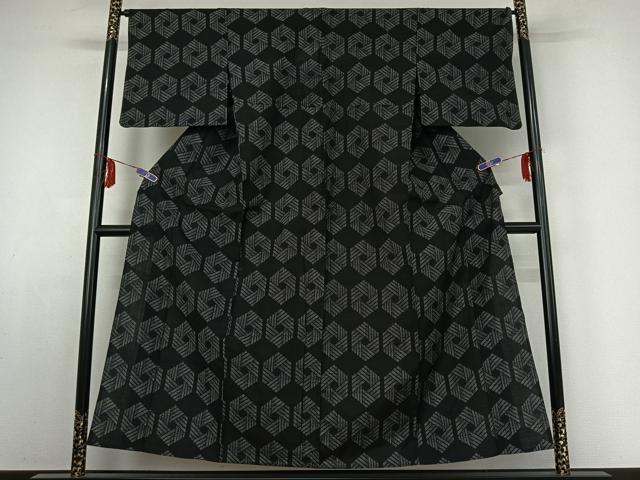平和屋着物▽上質な紬 単衣 亀甲文様 正絹 逸品 AABE1169jh