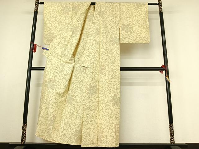 平和屋着物▽上質な紬 単衣 草葉文 正絹 逸品 AABE1178jh