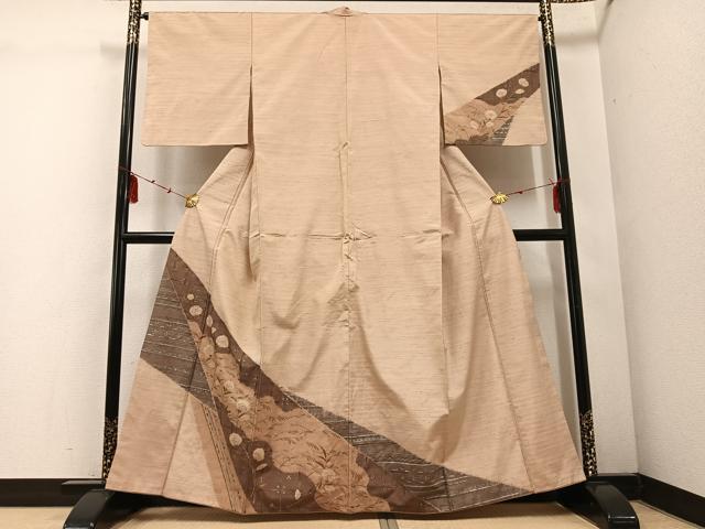 平和屋着物●訪問着 紬地 草花文 金銀彩 正絹 逸品 AABE1213ph