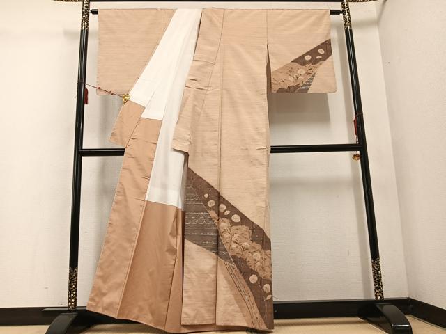 平和屋着物●訪問着 紬地 草花文 金銀彩 正絹 逸品 AABE1213ph
