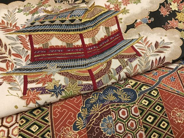 平和屋着物▼セミアンティーク 黒留袖 刺繍 松竹梅風景文 金彩 正絹 逸品 AABE1219ph