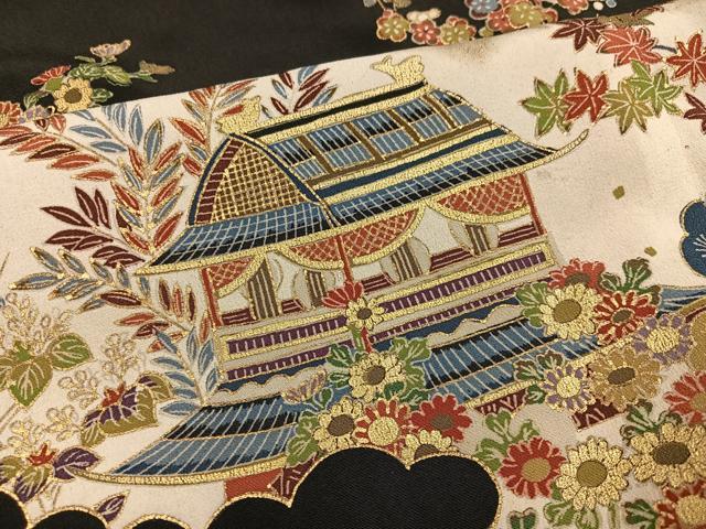 平和屋着物▼セミアンティーク 黒留袖 刺繍 松竹梅風景文 金彩 正絹 逸品 AABE1219ph