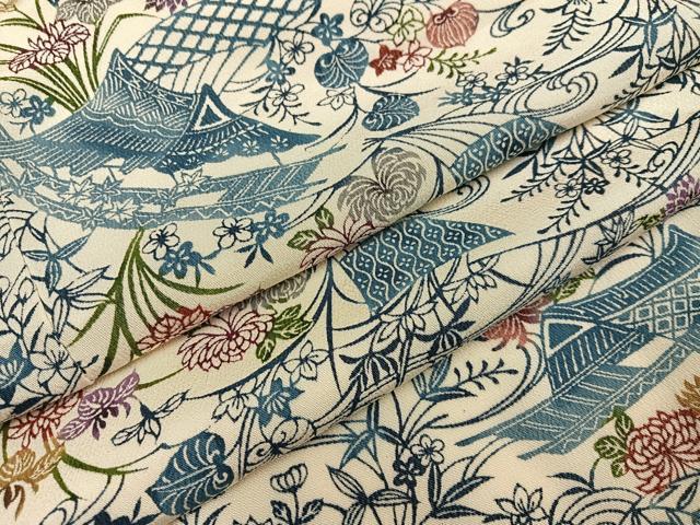 平和屋着物●上質な小紋 型染め 風景草花文 鬼しぼ縮緬 正絹 逸品 AABE1272ph