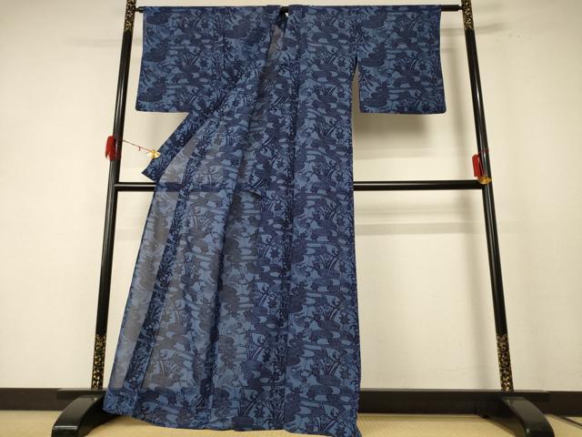 平和屋着物*夏物 小紋 絽 型染め 流水花鳥文 正絹 逸品 AABE1317jd