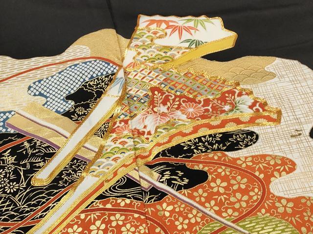 平和屋着物■豪華黒留袖 駒刺繍 吉祥扇面花文 金彩 正絹 逸品 AABE1475st