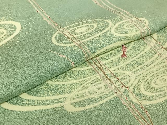 平和屋着物▽訪問着 単衣 流水文 魚 正絹 逸品 AABE1581jh