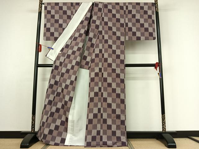 平和屋着物▽上質な紬 単衣 市松文様 正絹 逸品 AABE1584jh