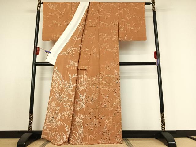 平和屋着物▽訪問着 単衣 笹竹梅文 鬼しぼ縮緬 正絹 逸品 AABE1595jh