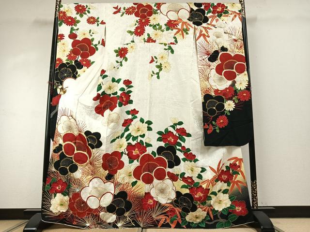 平和屋着物●豪華振袖 駒刺繍 草花文 暈し染め 金糸 金銀彩 正絹 逸品 AABE1698fy