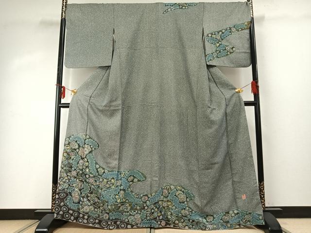 平和屋着物●樋熊哲也　訪問着　辻が花　絞り　手描き　金通し地　正絹　逸品　AABE1703fy 平和屋着物○樋熊哲也 訪問着 辻が花 絞り 手描き 金通し地 正絹 逸品