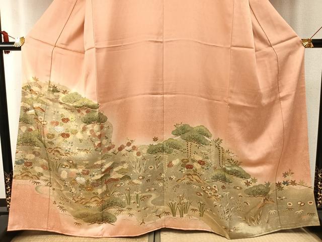 平和屋着物●豪華色留袖 駒刺繍 草花文 金彩 正絹 逸品 AABE1821fy