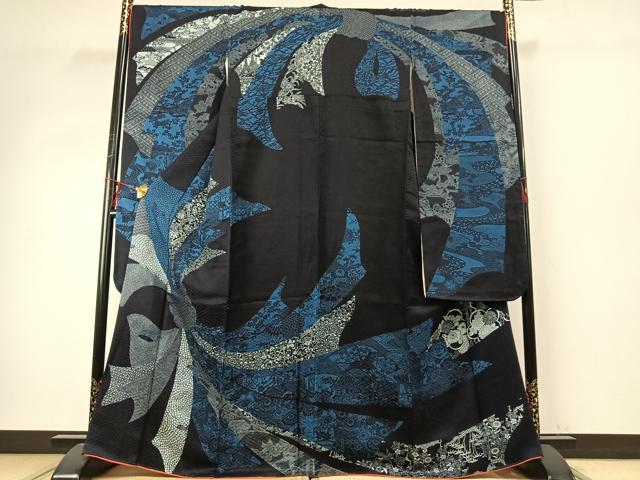 平和屋着物●豪華振袖 型染め 束ね熨斗花文 黒地 正絹 逸品 AABE1890fy