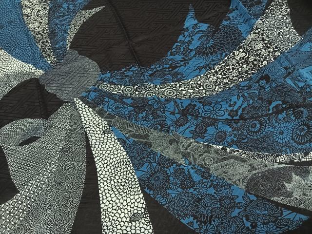 平和屋着物●豪華振袖 型染め 束ね熨斗花文 黒地 正絹 逸品 AABE1890fy