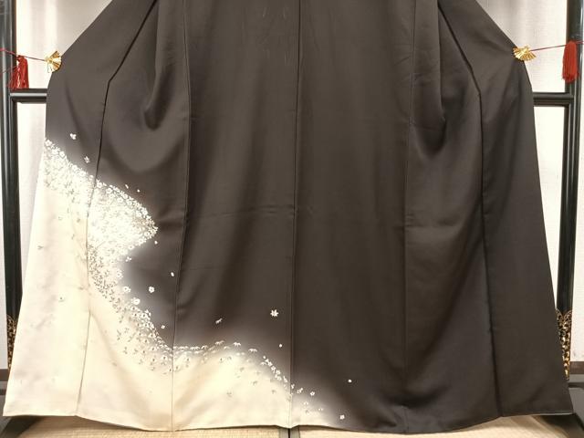 平和屋本店●訪問着 総刺繍 草花文 暈し染め 黒地 金糸 正絹 逸品 AABE1964fy