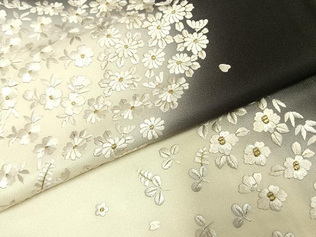 平和屋本店●訪問着 総刺繍 草花文 暈し染め 黒地 金糸 正絹 逸品 AABE1964fy