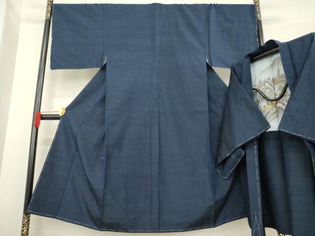 平和屋着物●男性 紬 アンサンブル 色無地 藍鉄色 正絹 逸品 AABE2047ck