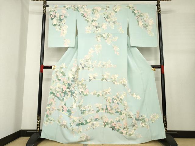 平和屋着物●本加賀友禅作家 東藤岳 訪問着 枝花文 柳鼠色地 正絹 逸品 AABE2071ck