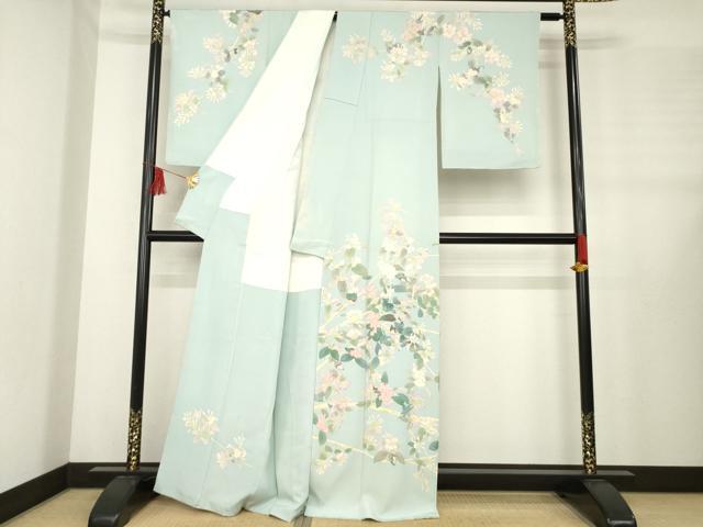 平和屋着物●本加賀友禅作家 東藤岳 訪問着 枝花文 柳鼠色地 正絹 逸品 AABE2071ck