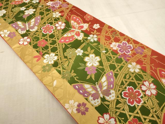 平和屋着物∵子供 全通柄袋帯 篭目舞蝶桜文 金糸 AABE2159ja