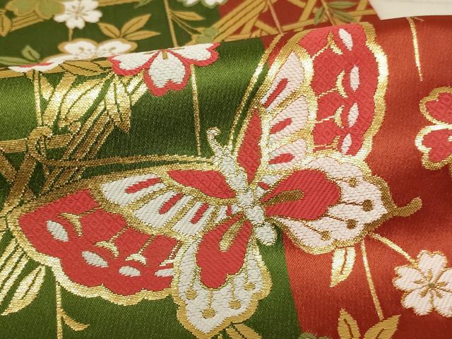 平和屋着物∵子供 全通柄袋帯 篭目舞蝶桜文 金糸 AABE2159ja