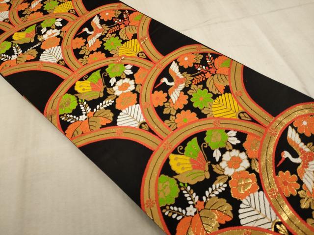 平和屋着物∵子供 全通柄袋帯 青海波 飛鶴花蝶文 黒地 金糸 逸品 AABE2161ja