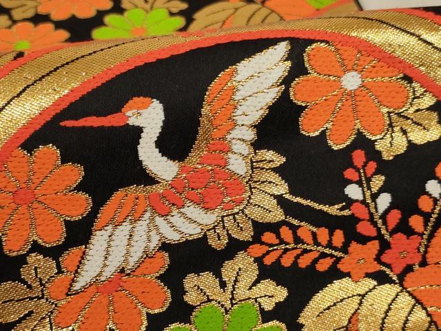 平和屋着物∵子供 全通柄袋帯 青海波 飛鶴花蝶文 黒地 金糸 逸品 AABE2161ja