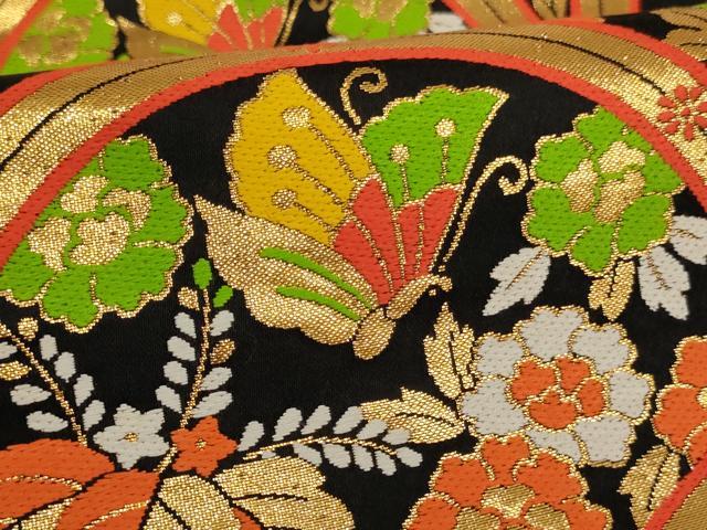 平和屋着物∵子供 全通柄袋帯 青海波 飛鶴花蝶文 黒地 金糸 逸品 AABE2161ja