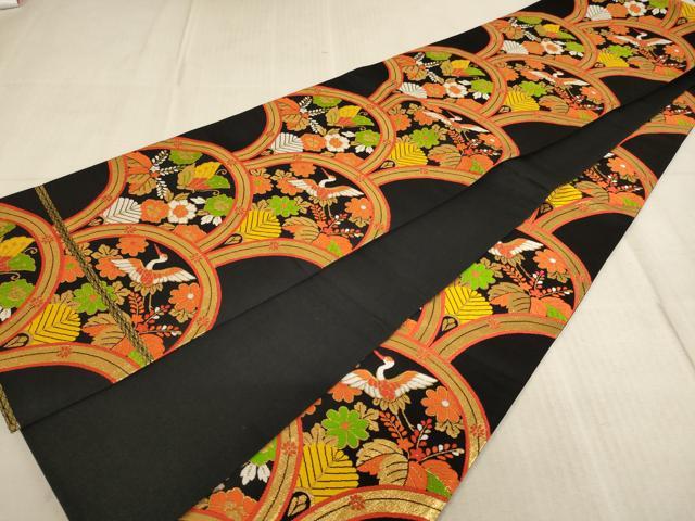 平和屋着物∵子供 全通柄袋帯 青海波 飛鶴花蝶文 黒地 金糸 逸品 AABE2161ja