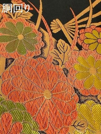 平和屋着物∵子供 全通柄袋帯 唐織 扇面花文 黒地 金糸 AABE2162ja