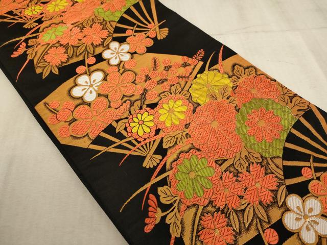 平和屋着物∵子供 全通柄袋帯 唐織 扇面花文 黒地 金糸 AABE2162ja