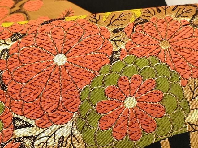 平和屋着物∵子供 全通柄袋帯 唐織 扇面花文 黒地 金糸 AABE2162ja
