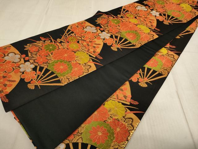 平和屋着物∵子供 全通柄袋帯 唐織 扇面花文 黒地 金糸 AABE2162ja