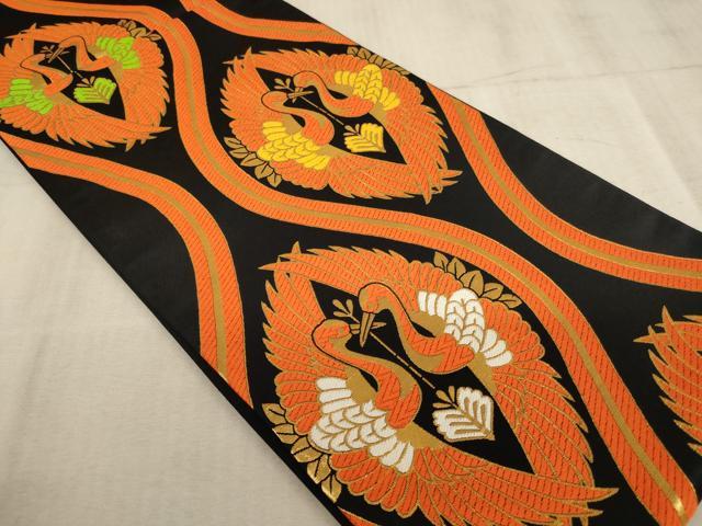 平和屋着物∵子供 全通柄袋帯 唐織 立涌向い鶴文 黒地 金糸 未使用 AABE2170ja