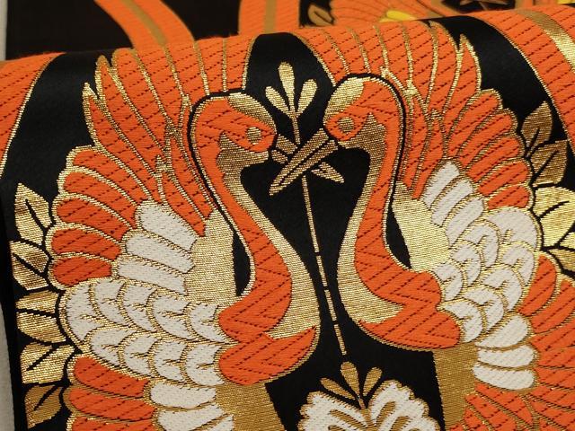 平和屋着物∵子供 全通柄袋帯 唐織 立涌向い鶴文 黒地 金糸 未使用 AABE2170ja