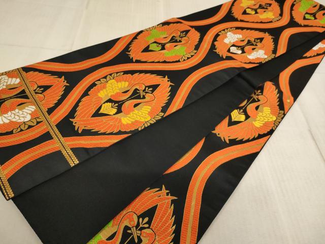 平和屋着物∵子供 全通柄袋帯 唐織 立涌向い鶴文 黒地 金糸 未使用 AABE2170ja