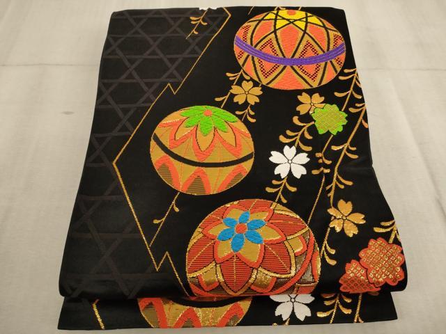 平和屋着物∵子供 全通柄袋帯 唐織 枝垂れ桜手毬文 黒地 金糸 逸品 未使用 AABE2177ja