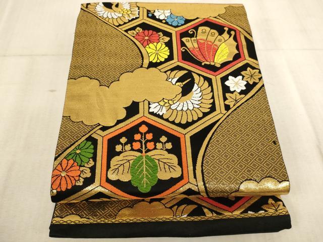 平和屋着物∵子供 全通柄袋帯 唐織 飛鶴花蝶亀甲文 黒地 金糸 逸品 AABE2392ja