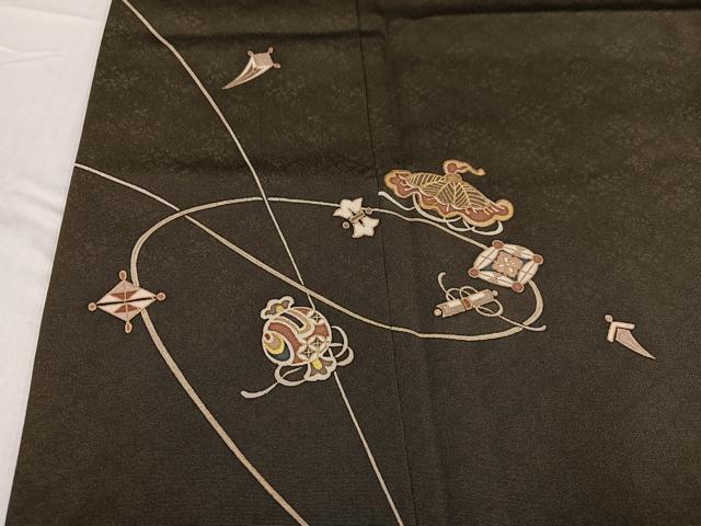 平和屋着物●訪問着 友禅 宝尽くし 海松茶色 金彩 正絹 逸品 AABE2542ph