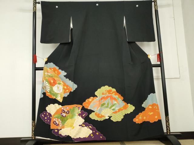 平和屋着物●京和工藝 友禅 黒留袖 駒刺繍 扇面草花文 金糸 金彩 正絹 逸品 AABE2784cs