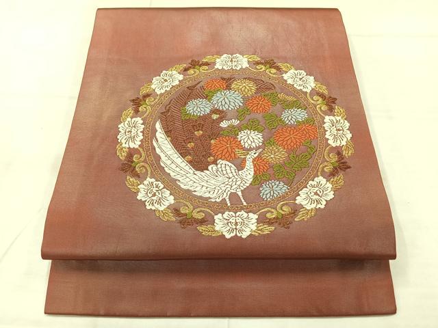 平和屋着物◎九寸開き名古屋帯 唐織 孔雀花丸文 金糸 正絹 逸品 AABE2921uk