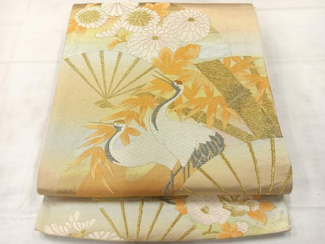 平和屋着物◎六通柄袋帯 唐織 扇面花鳥文 鶴 金銀糸 正絹 逸品 AABE3072uk
