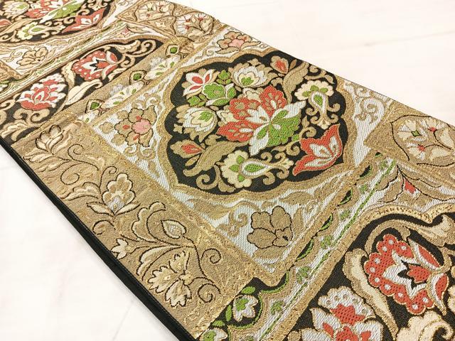 平和屋着物◎六通柄 京袋帯 更紗花文 黒地 金糸 正絹 逸品 AABE3185uk