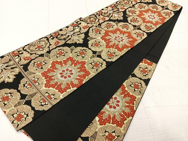平和屋着物◎六通柄 本袋帯 更紗花文 黒地 金銀糸 正絹 逸品 AABE3238uk