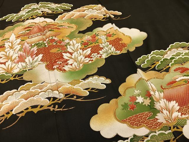 平和屋着物■豪華黒留袖 駒刺繍 雲取り風景松文 暈し染め 金銀彩 金銀糸 正絹 逸品 AABE3283oa