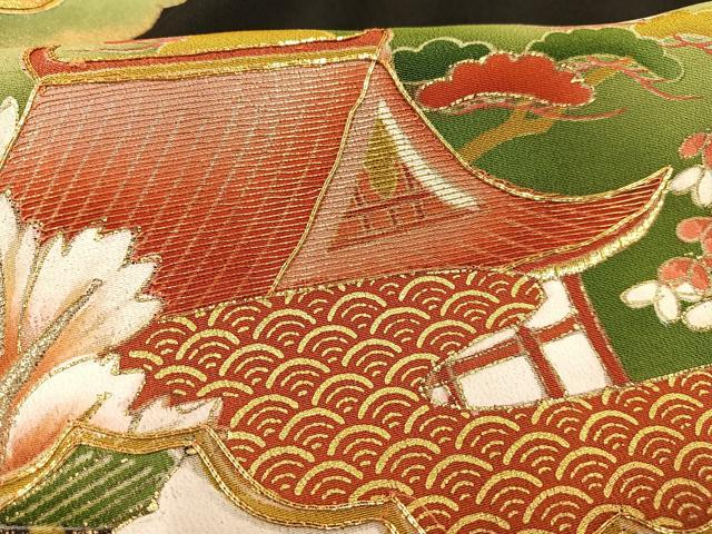 平和屋着物■豪華黒留袖 駒刺繍 雲取り風景松文 暈し染め 金銀彩 金銀糸 正絹 逸品 AABE3283oa