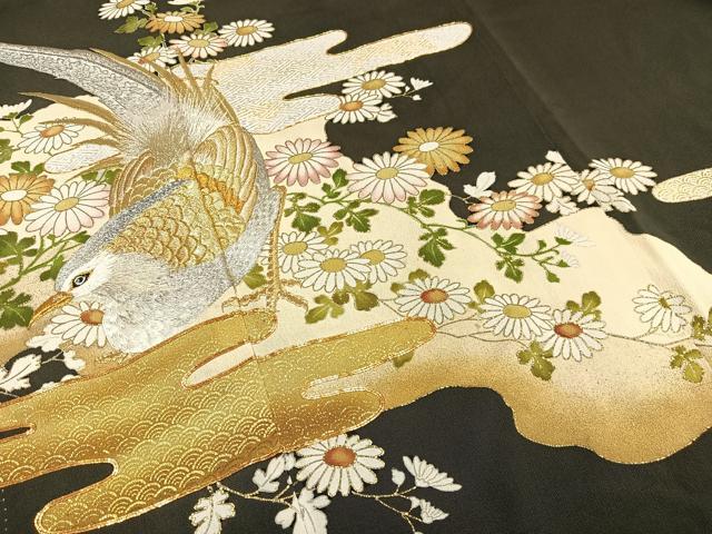 平和屋着物■豪華黒留袖 駒刺繍 花鳥文 暈し染め 金銀糸 金銀彩 正絹 逸品 AABE3302oa