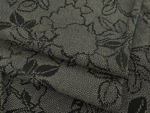 平和屋着物●お召 草花文 黒地 正絹 逸品 AABE3467ck