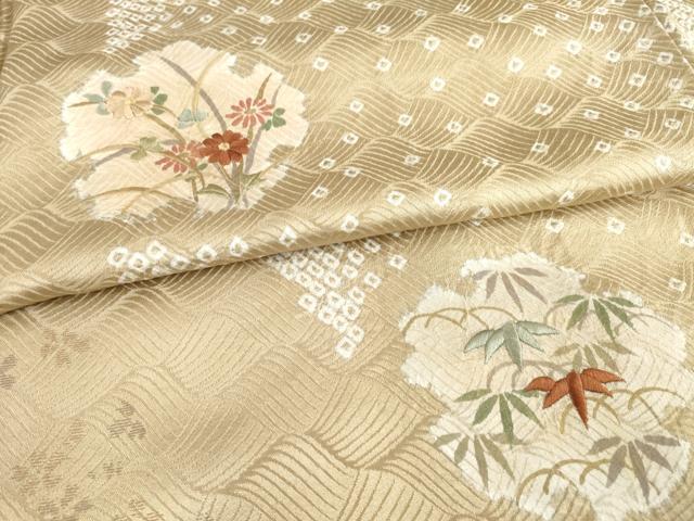 平和屋着物●訪問着 絞り 雪輪草花文 金彩 正絹 逸品 AABE3472ck
